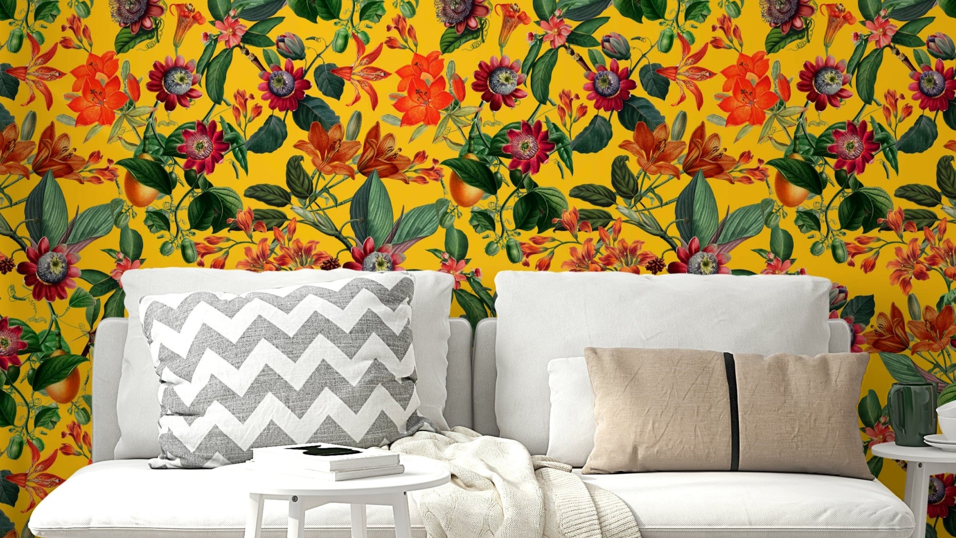 Vibrant Botanical Rhapsody Wallpaper with bold flowers and greenery.

