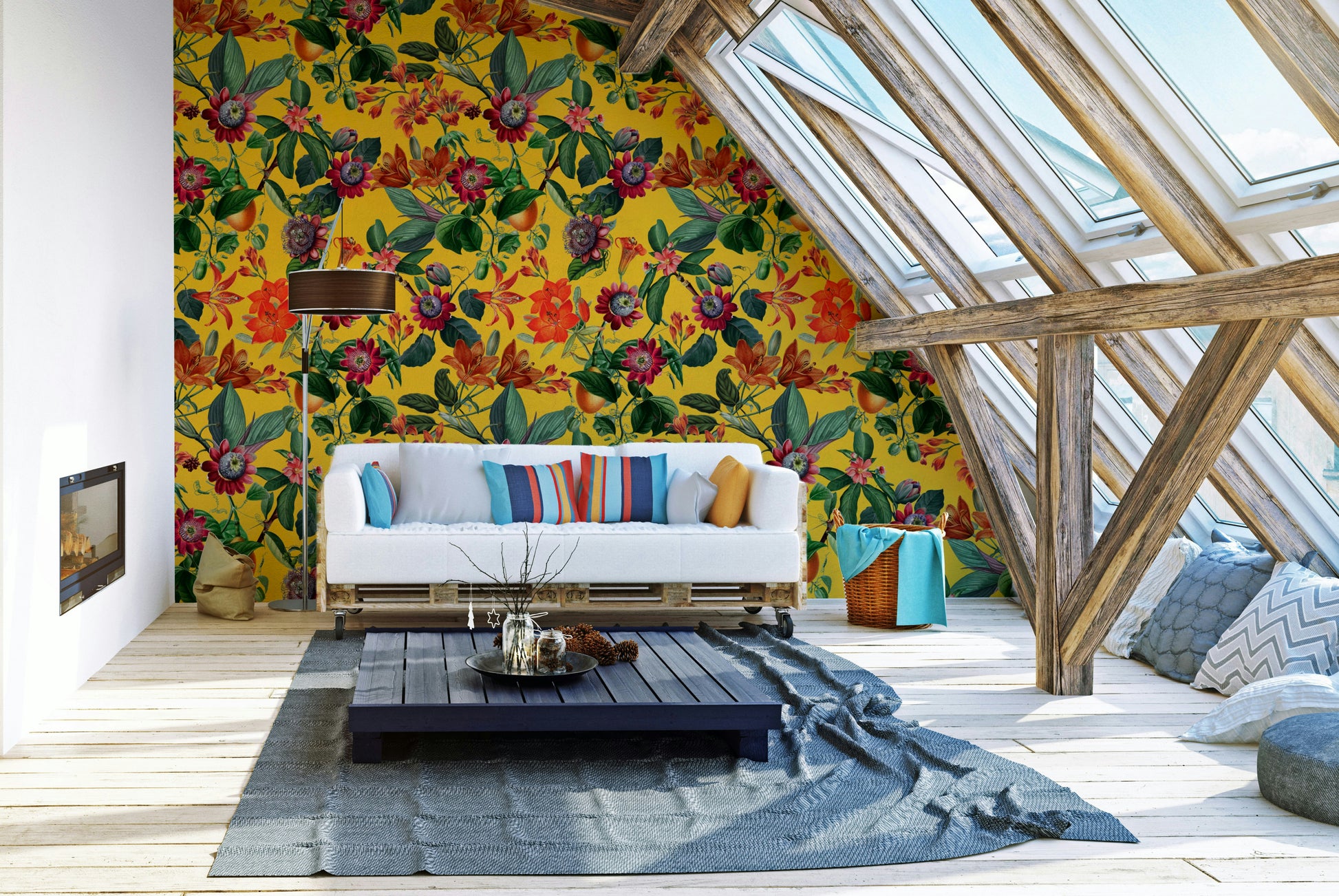 Bold floral wall mural with colorful flowers and tropical foliage.

