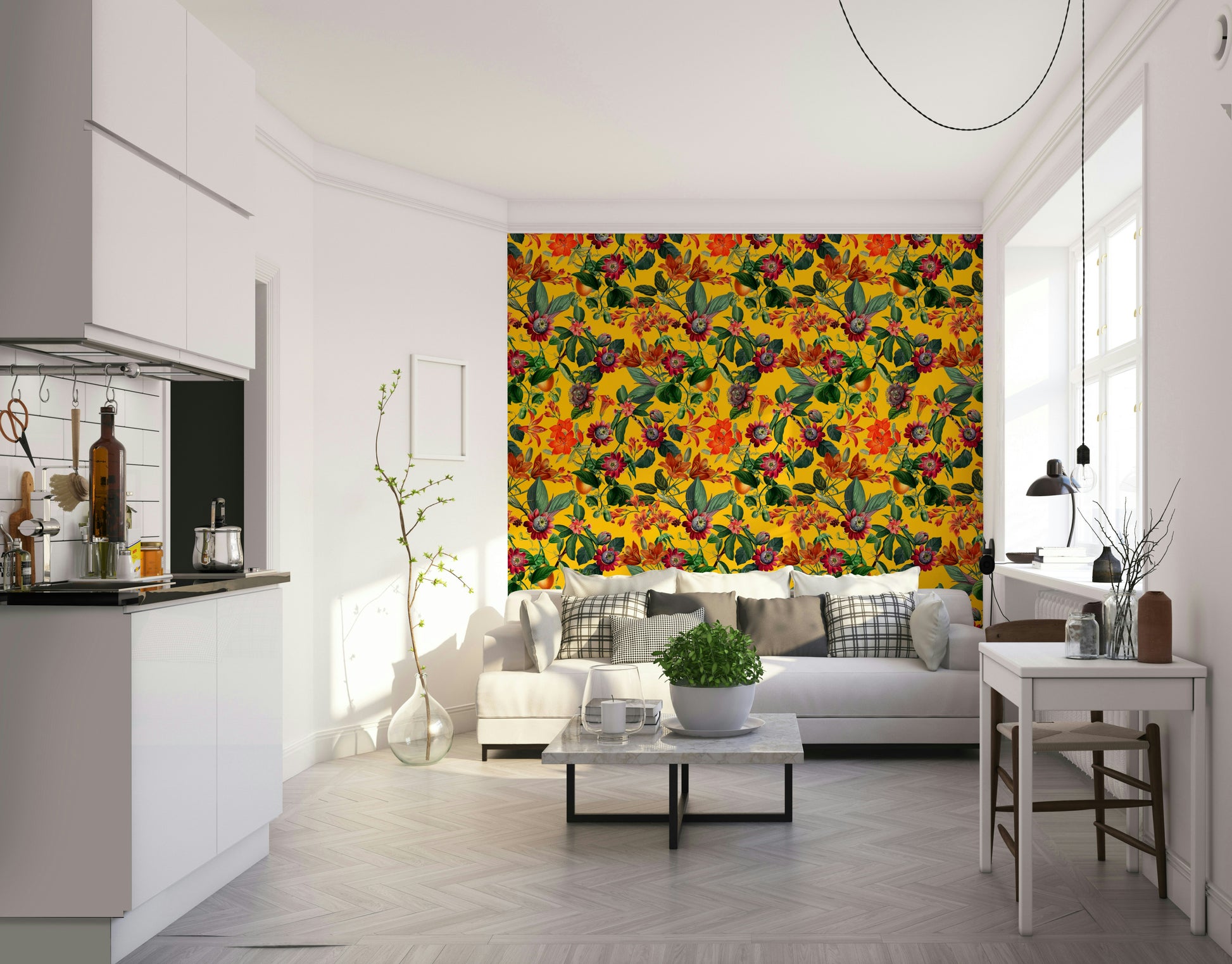 Bold and colorful floral wall mural bringing energy to a room.

