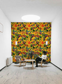 Lush botanical wallpaper with intricate flowers and green foliage.

