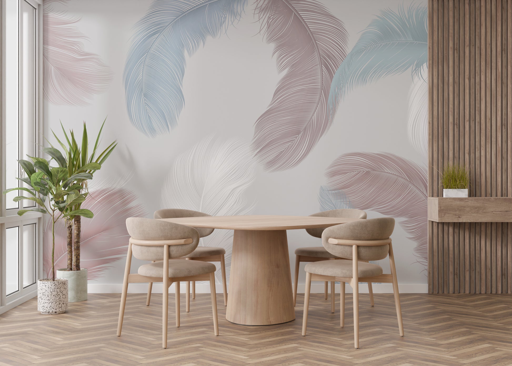 Designer feather wallpaper in bold hues
