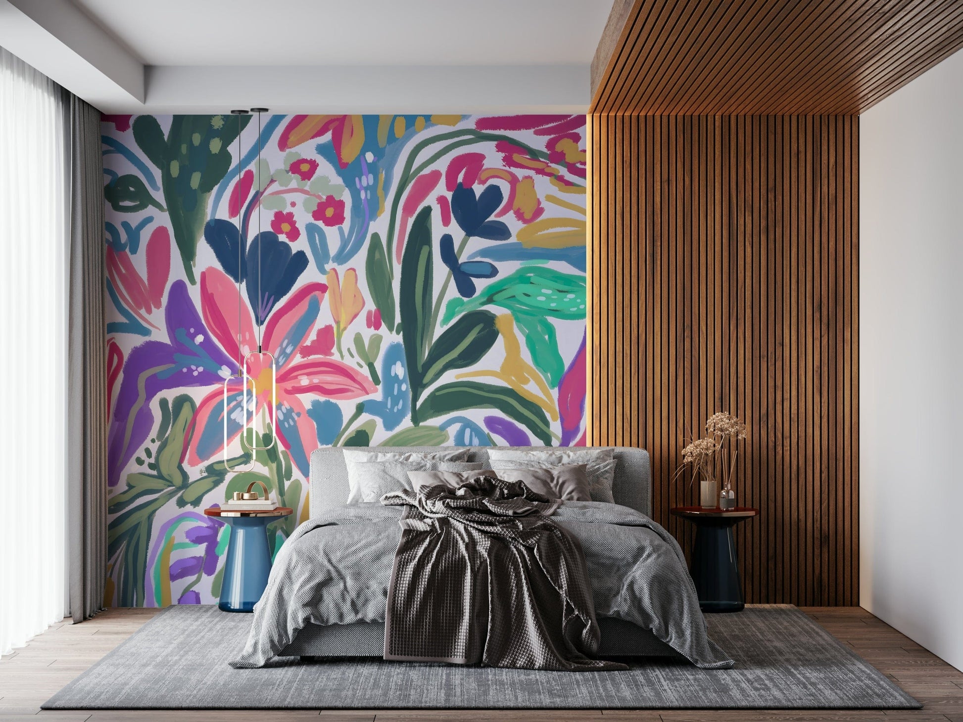 Blooming Flowers Wall Mural – Richly colored mural with multiple flower varieties in a dynamic, scenic composition.