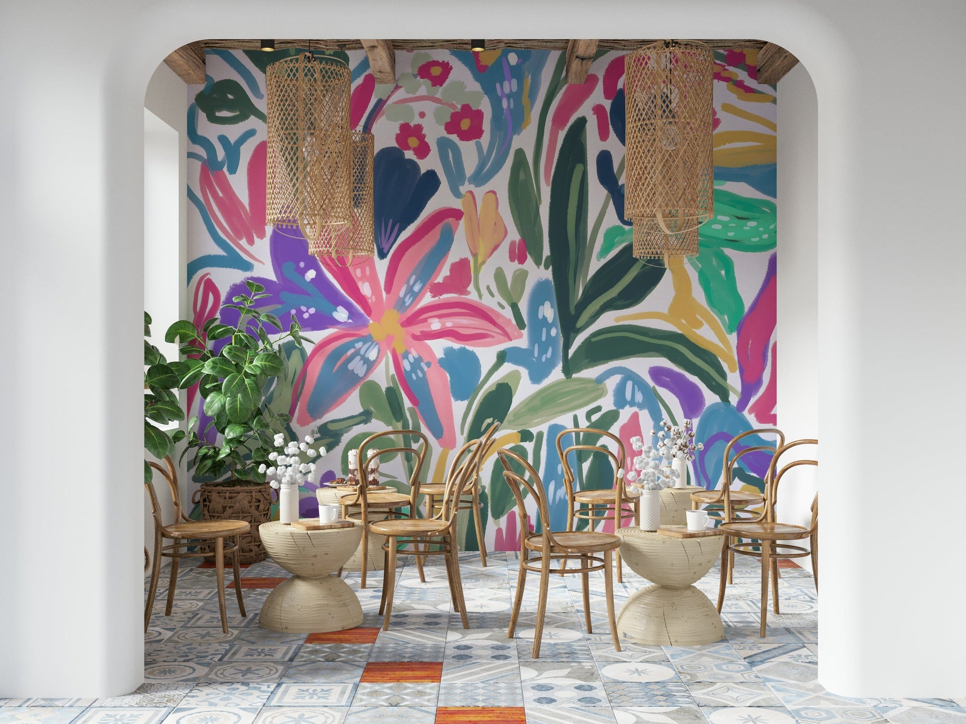 Bright Flower Wall Mural – Detailed bloomscape design with vibrant colors and natural textures for bedrooms or living spaces.