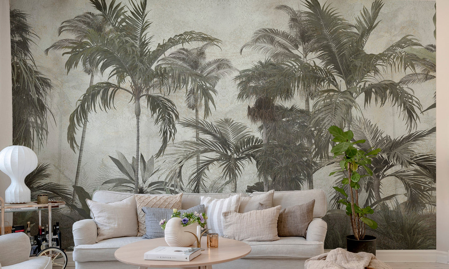 Lush green forest wall mural design
