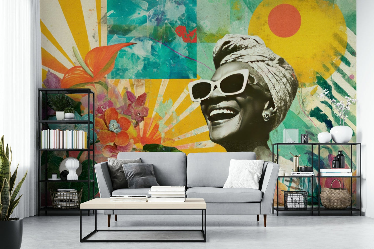 vibrant joyful woman with tropical flowers wall mural

