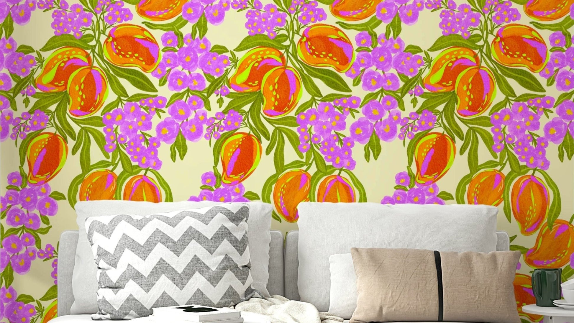 A wall mural of a peaceful mango garden pattern.

