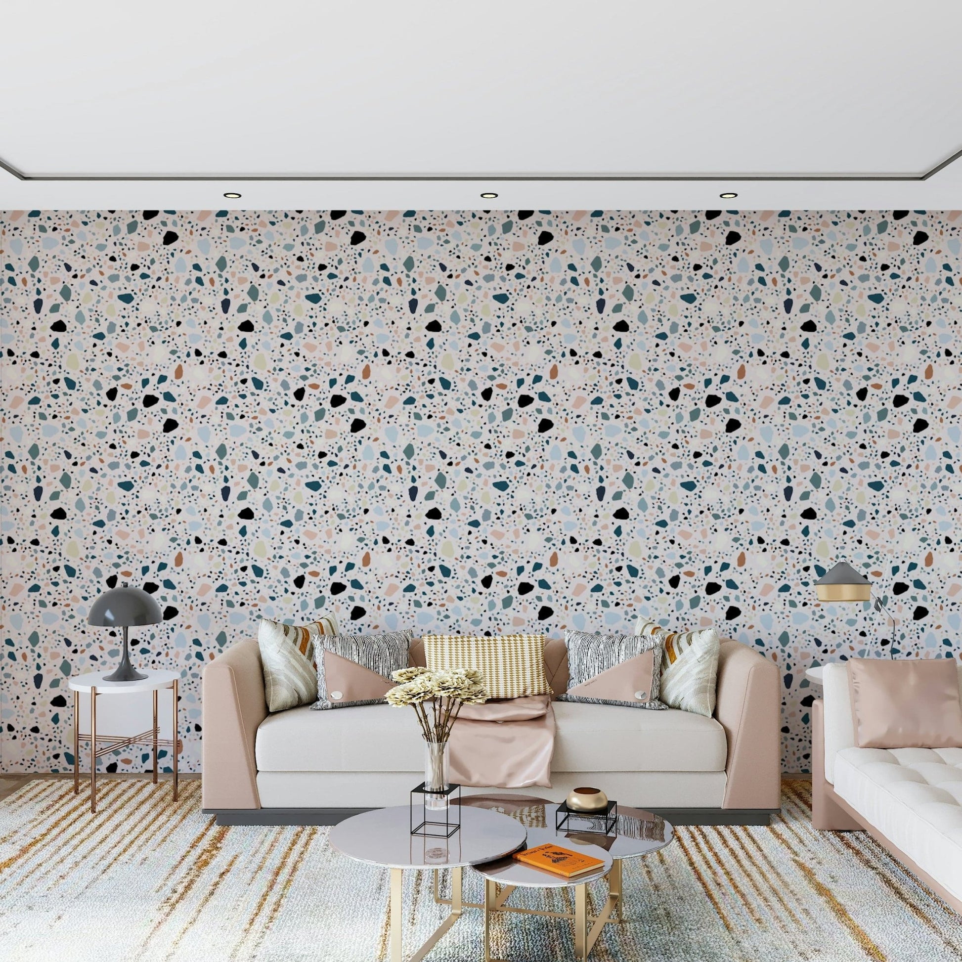 Decorative Multicolour chip mural retro bathroom aesthetic.