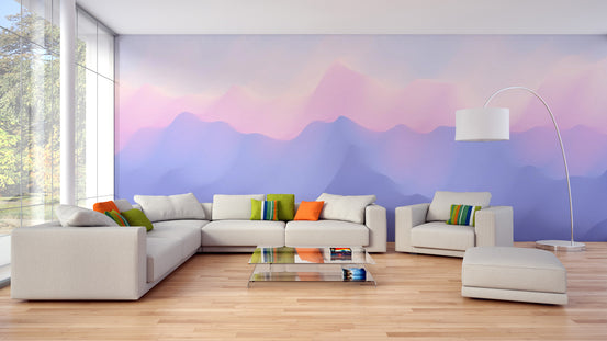 Pink & Purple Ombre wallpaper mural shown as a full feature wall that highlights the design