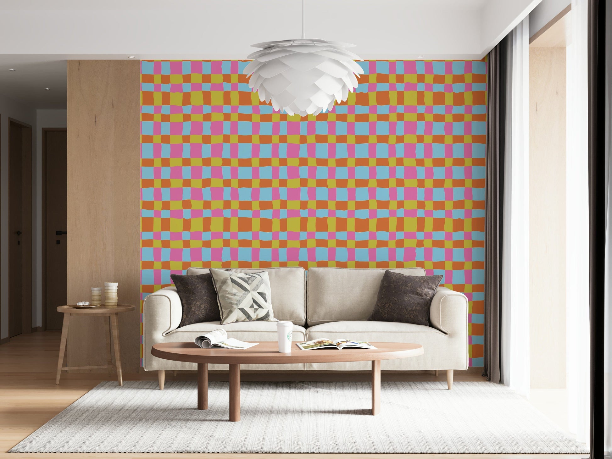 Wallpaper for walls, Vibrant Quilt Blocks, playful checkered pattern.