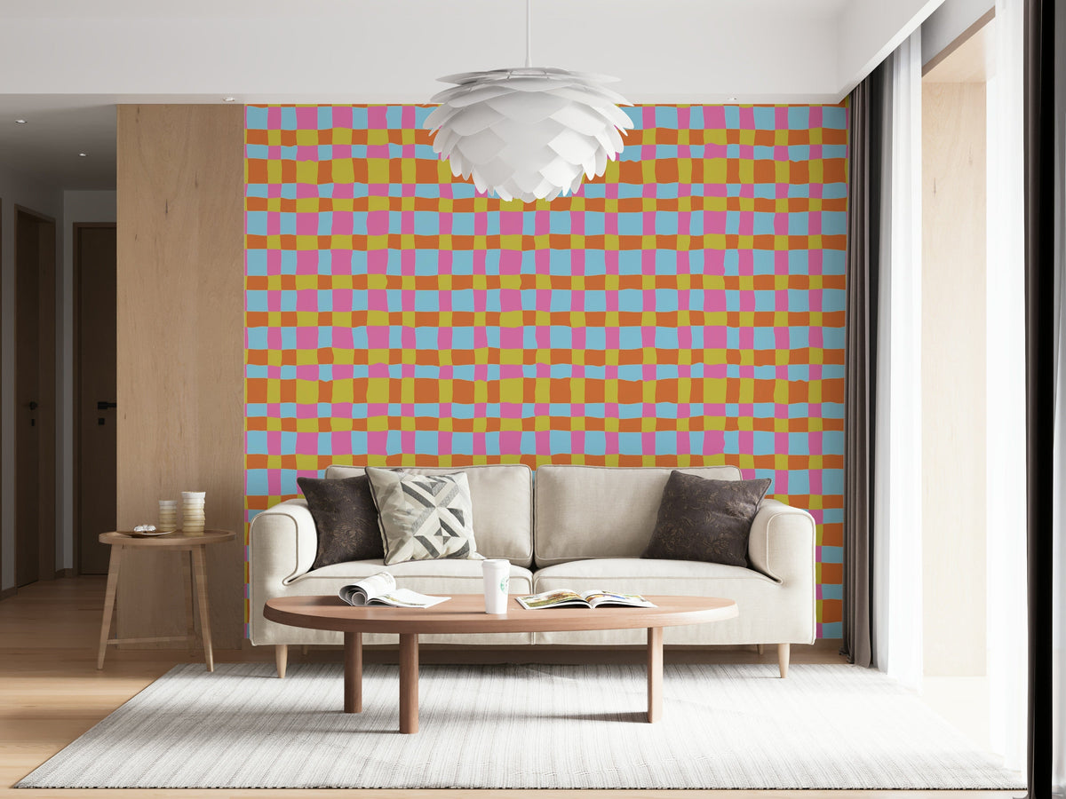 Wallpaper for walls, Vibrant Quilt Blocks, playful checkered pattern.