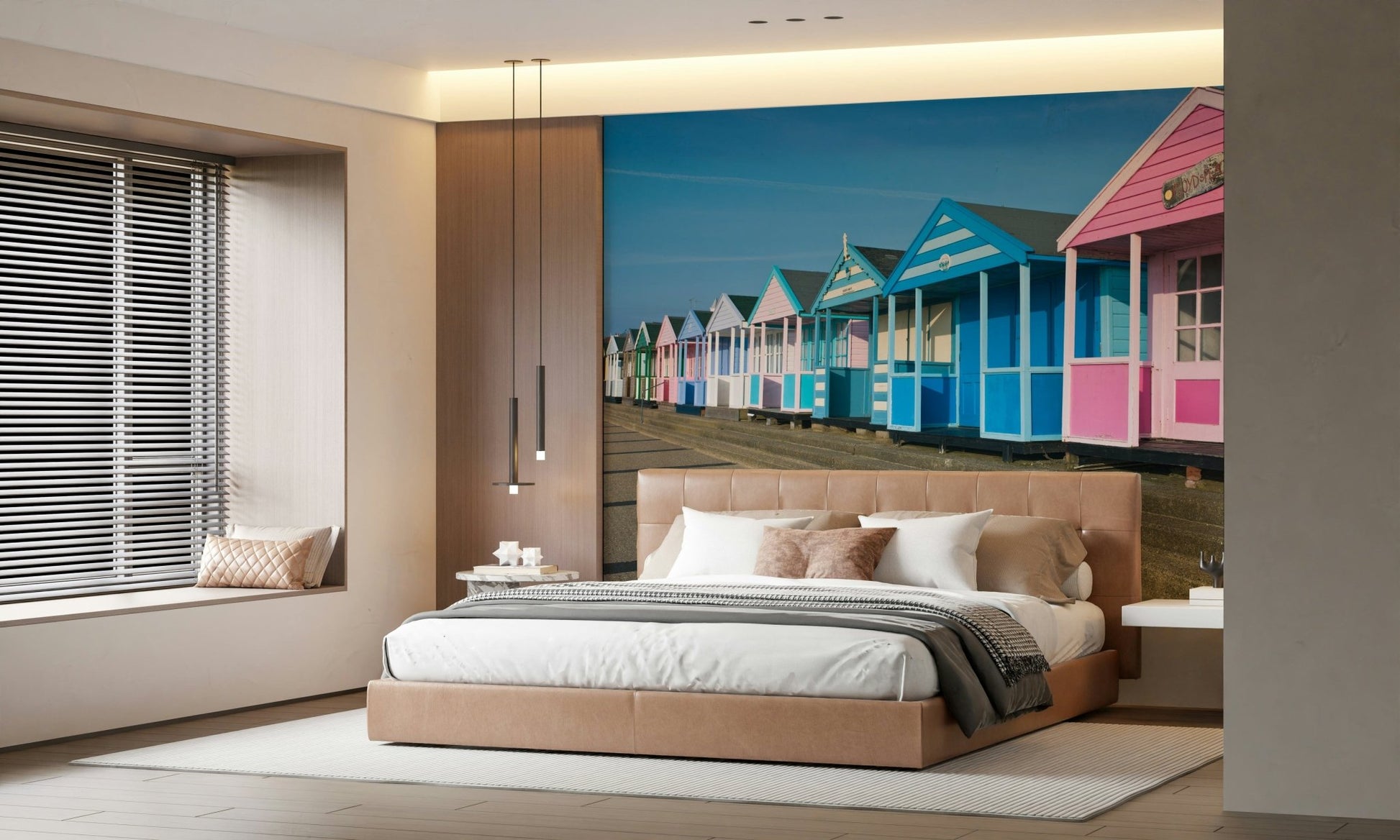 Pink and blue cabins wall mural by shore