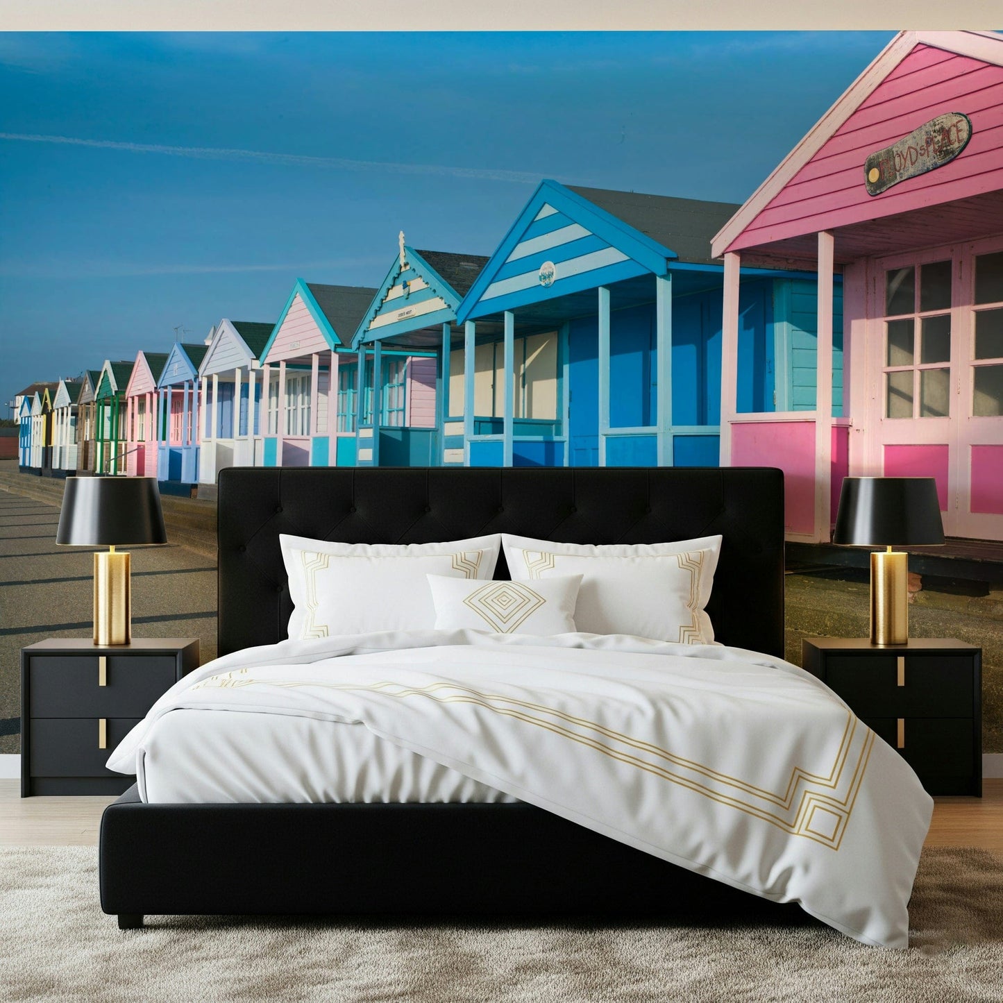 Coastal walkway wall mural with beach huts