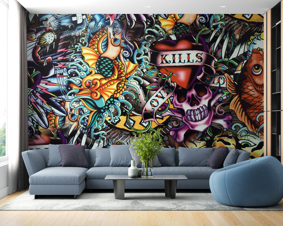 Vibrant Tattoo Style Graffiti wallpaper mural with a skull and koi behind a blue-grey sectional sofa
