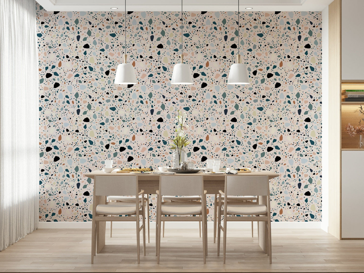 Contemporary Vibrant Terrazzo wallpaper scattered mineral pieces.
