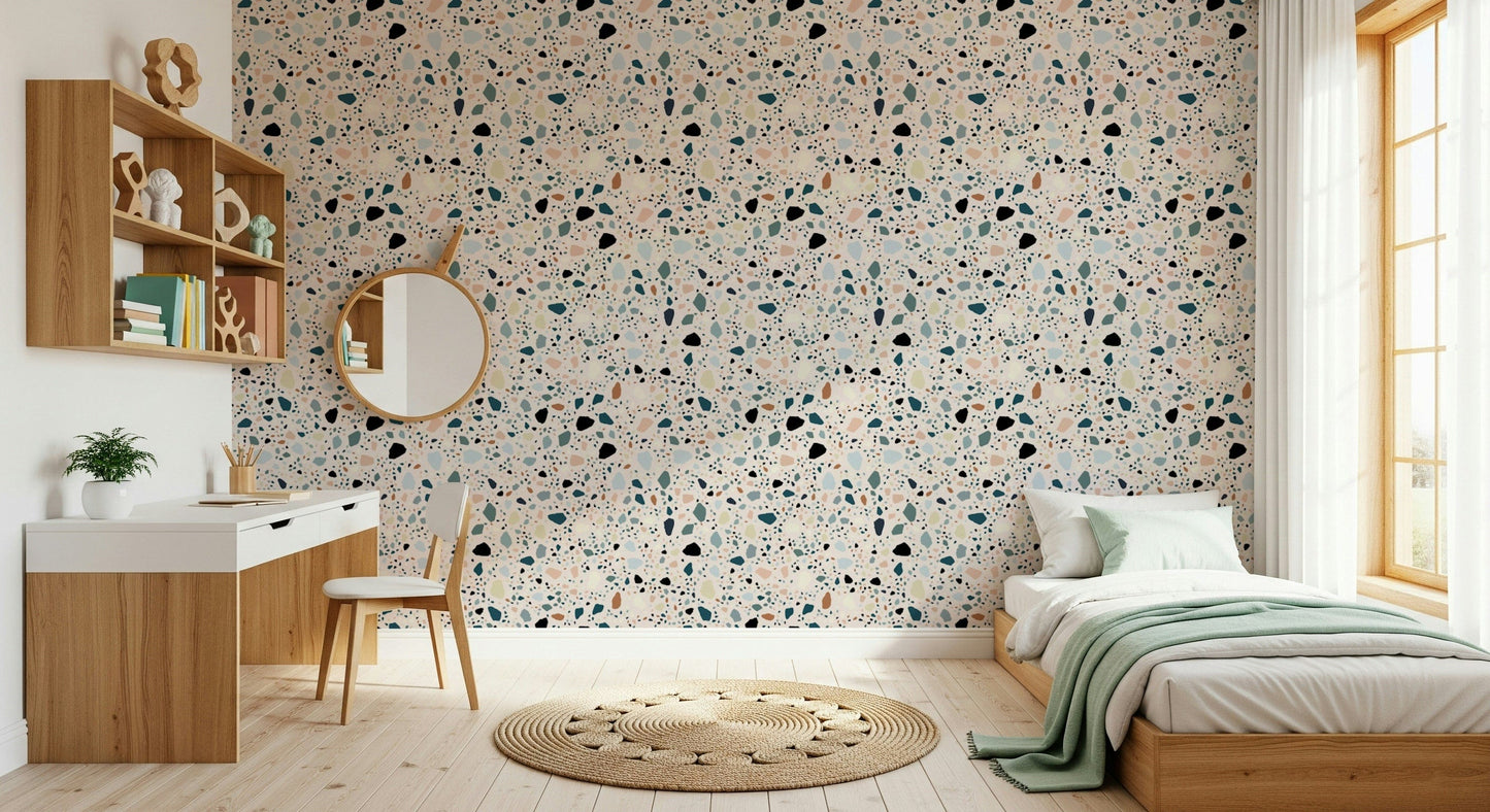 Cheerful speckle Multicolour wall mural blue orange stone flecks.