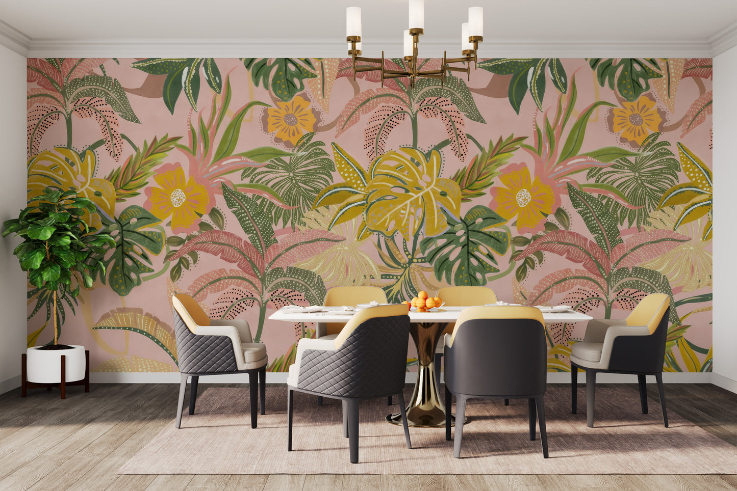 Tropical leaf mural with vivid hues
