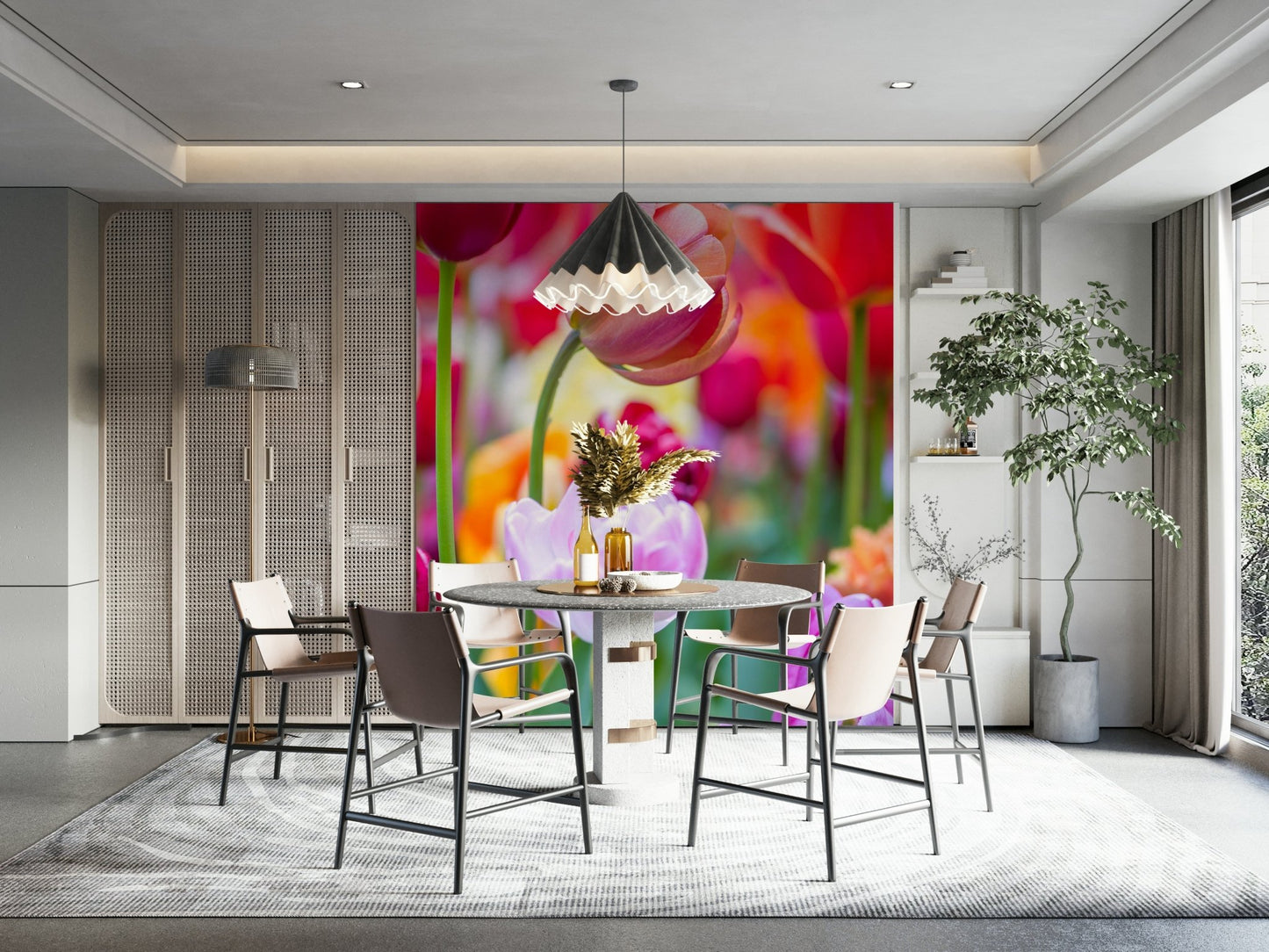 A high-resolution photo-realistic wall mural of a field of vibrant tulips.

