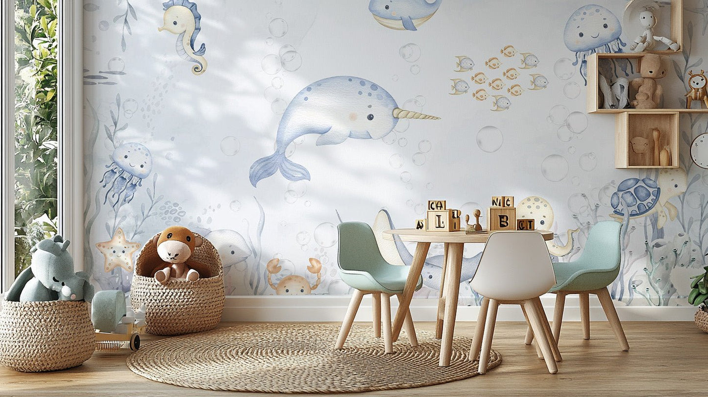 Cartoon stingray swimming in underwater fish wall design

