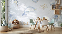 Cartoon stingray swimming in underwater fish wall design

