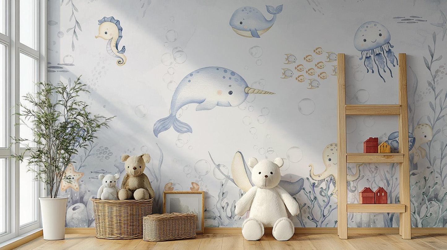 Happy octopus and turtle in underwater coral background

