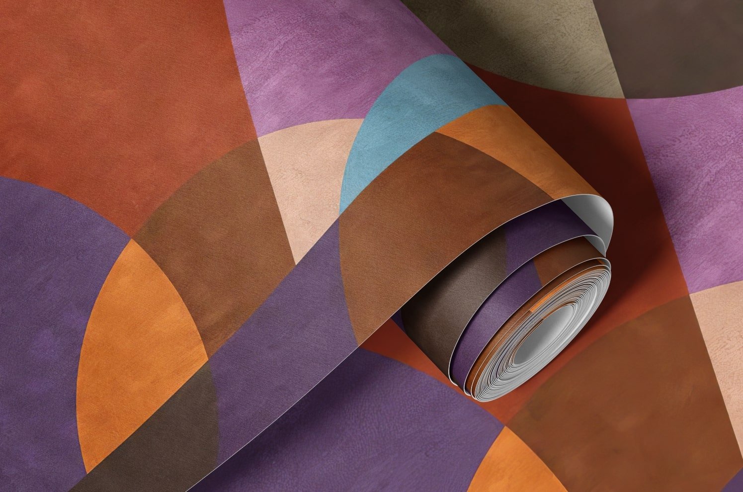 Prisma Green Gouache wall mural close-up showing bold purple, orange and rust circles and arcs on a roll