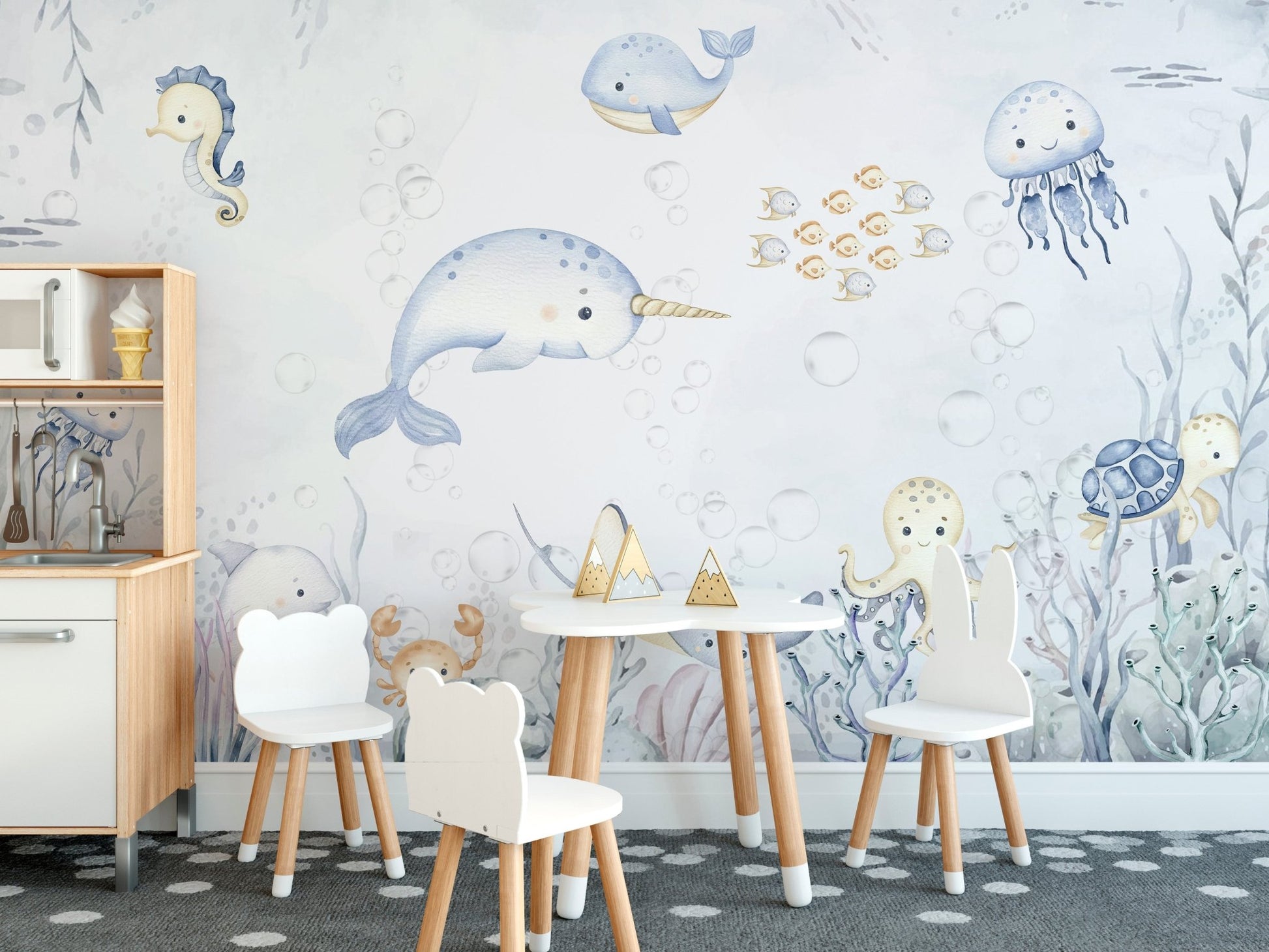 Cute narwhal illustration in underwater fish wallpaper

