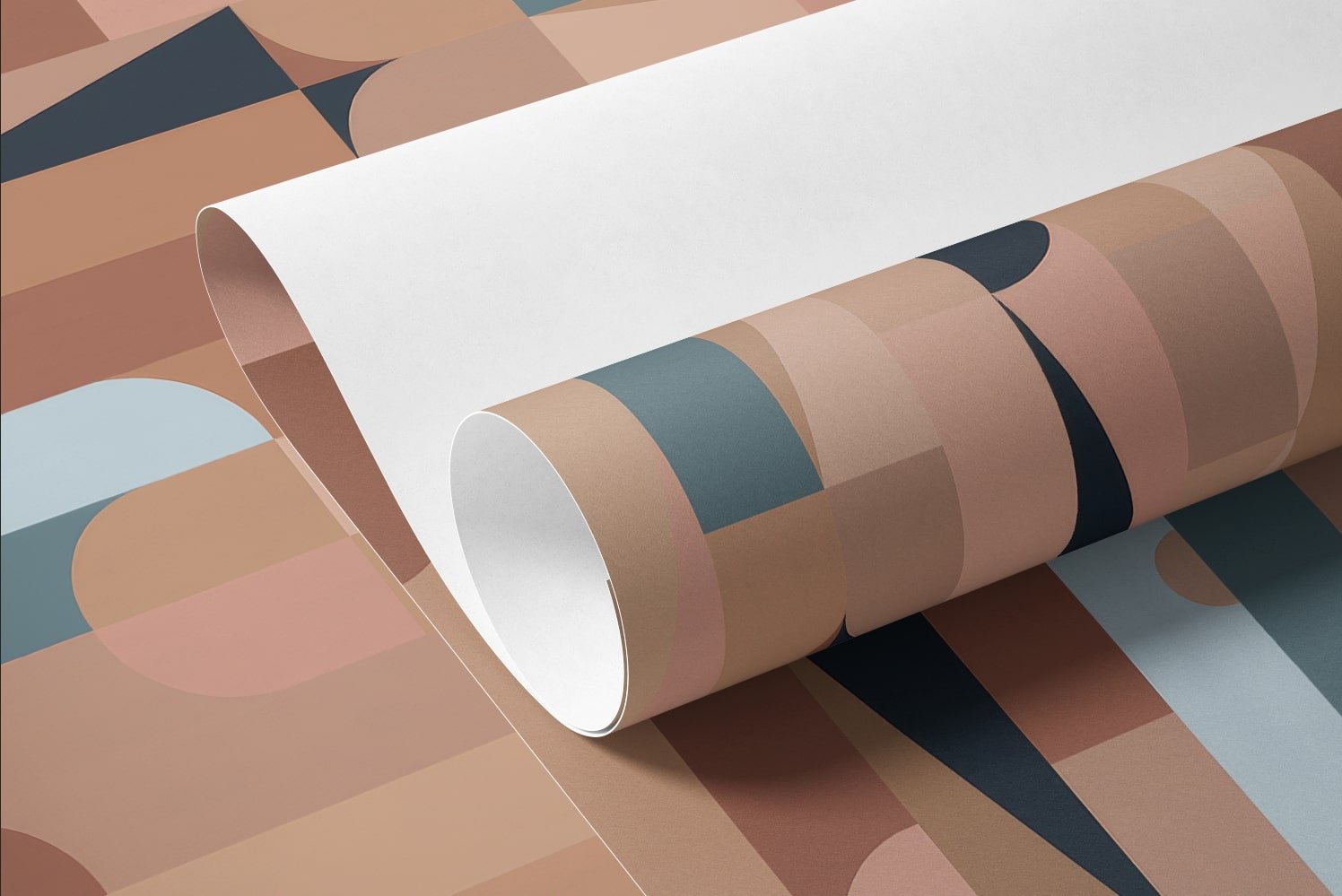 Prisma Green Gouache wall mural close-up showing the geometric pattern in terracotta, blush and slate-blue shapes