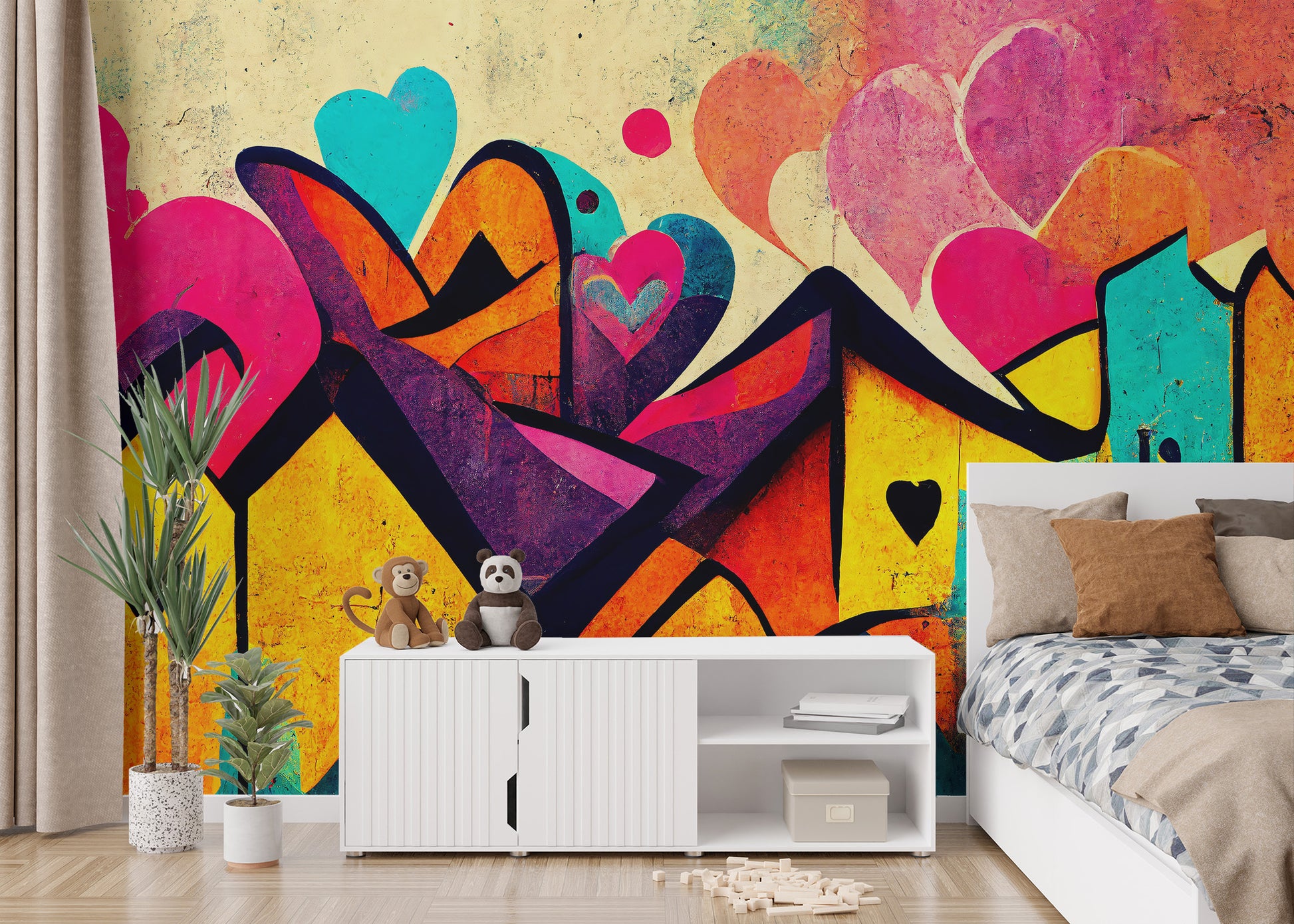 Contemporary vibrant urban love graffiti wallpaper for walls.