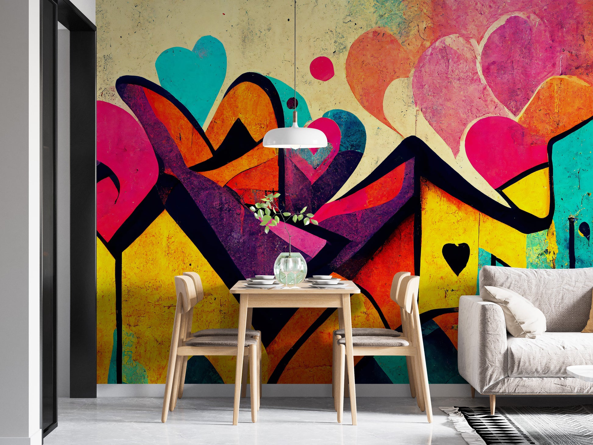 Colorful urban love-themed graffiti wallpaper mural for homes.