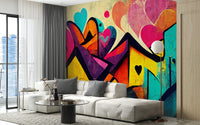 Trendy urban love graffiti-inspired wallpaper mural design.