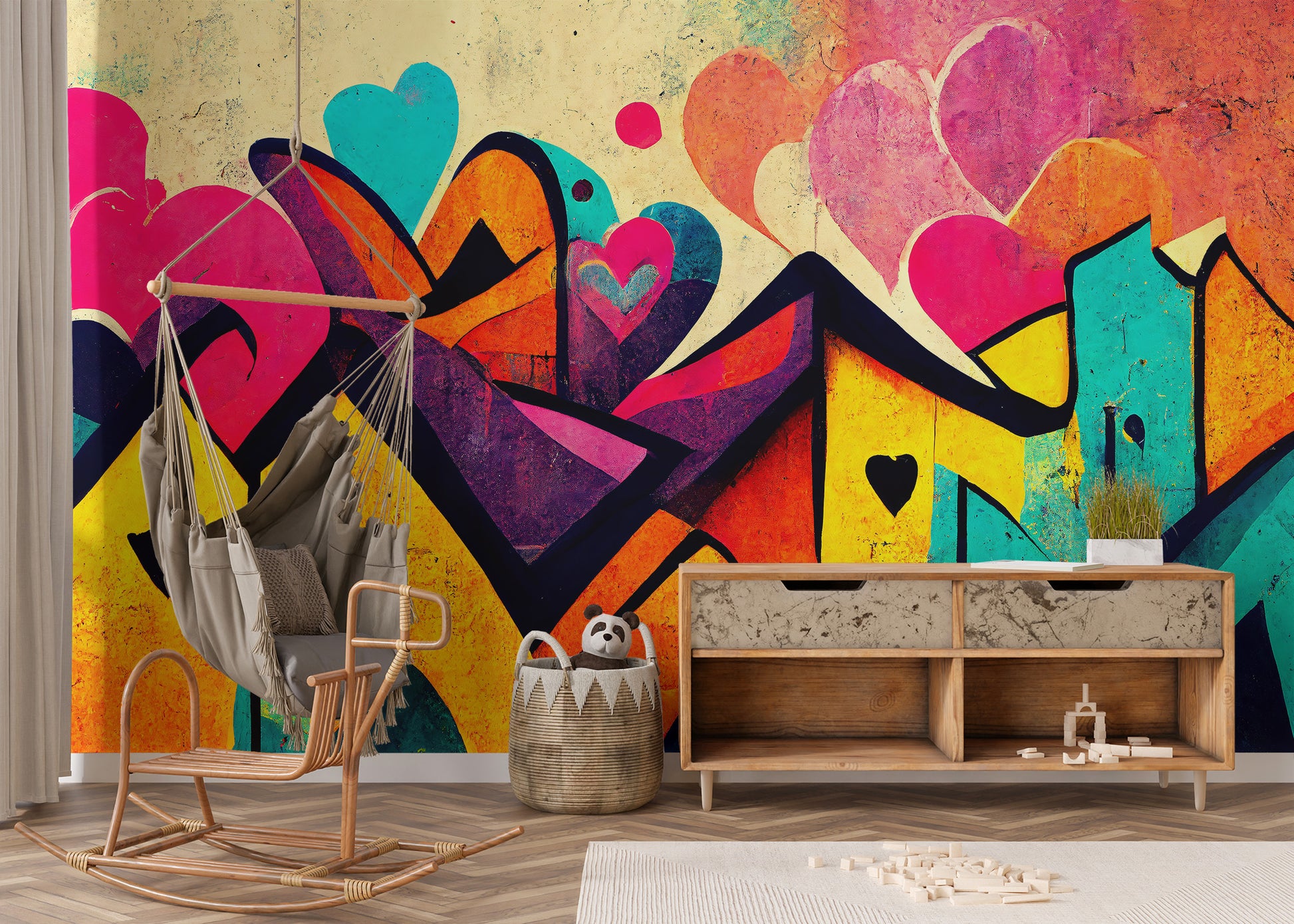 Artistic urban love graffiti wall mural wallpaper for decor.