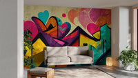 Bold vibrant urban love graffiti wallpaper mural for walls.