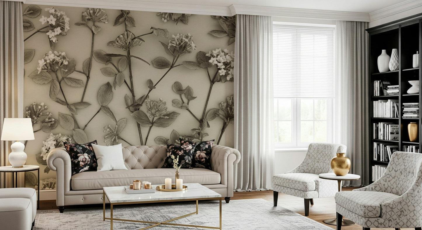 A botanical wallpaper displaying graceful blossoms and leaves illustrated in refined, neutral hues.