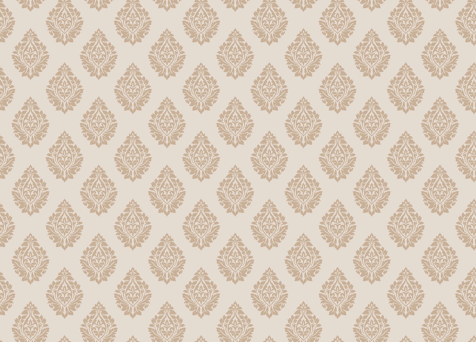 Victorian Beige Damask Repeat Pattern Wallpaper in your room — zoomed