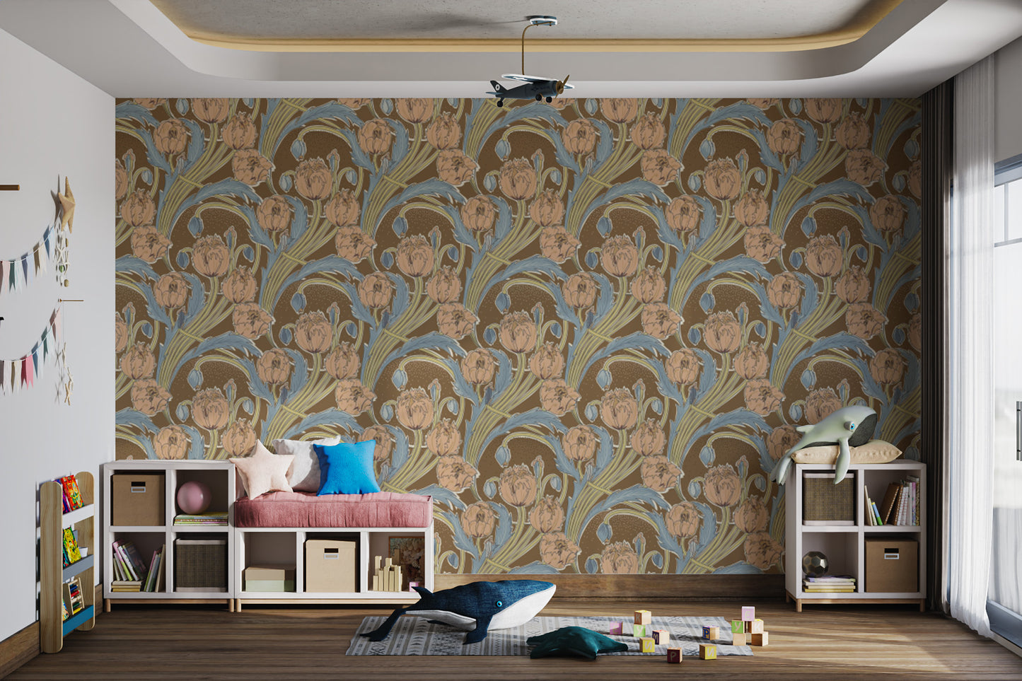 Victorian Cottage Garden wallpaper with intricate floral details.
