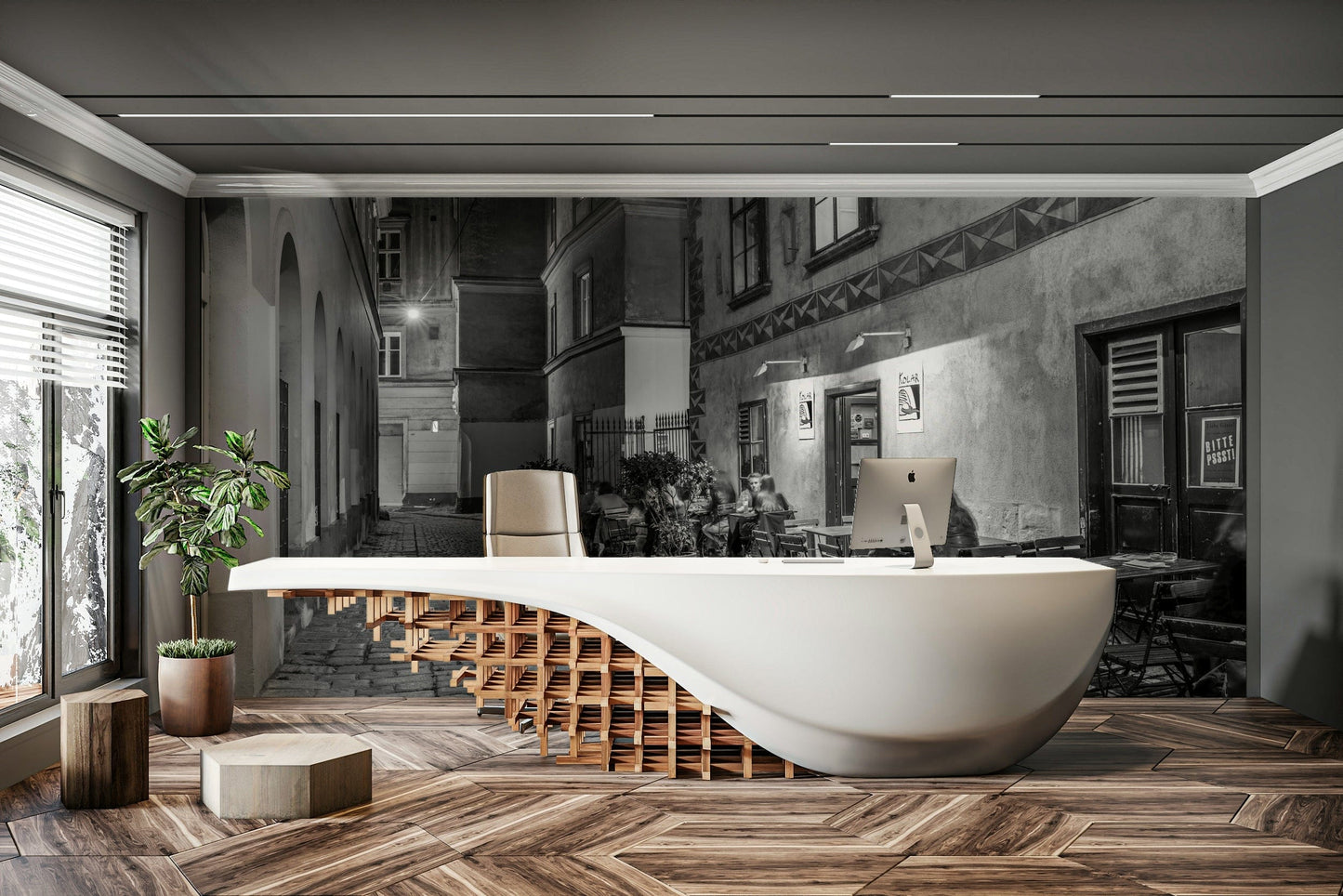 Street cafe in Vienna wallpaper mural of a black and white street cafe behind a curved white reception desk in a lobby