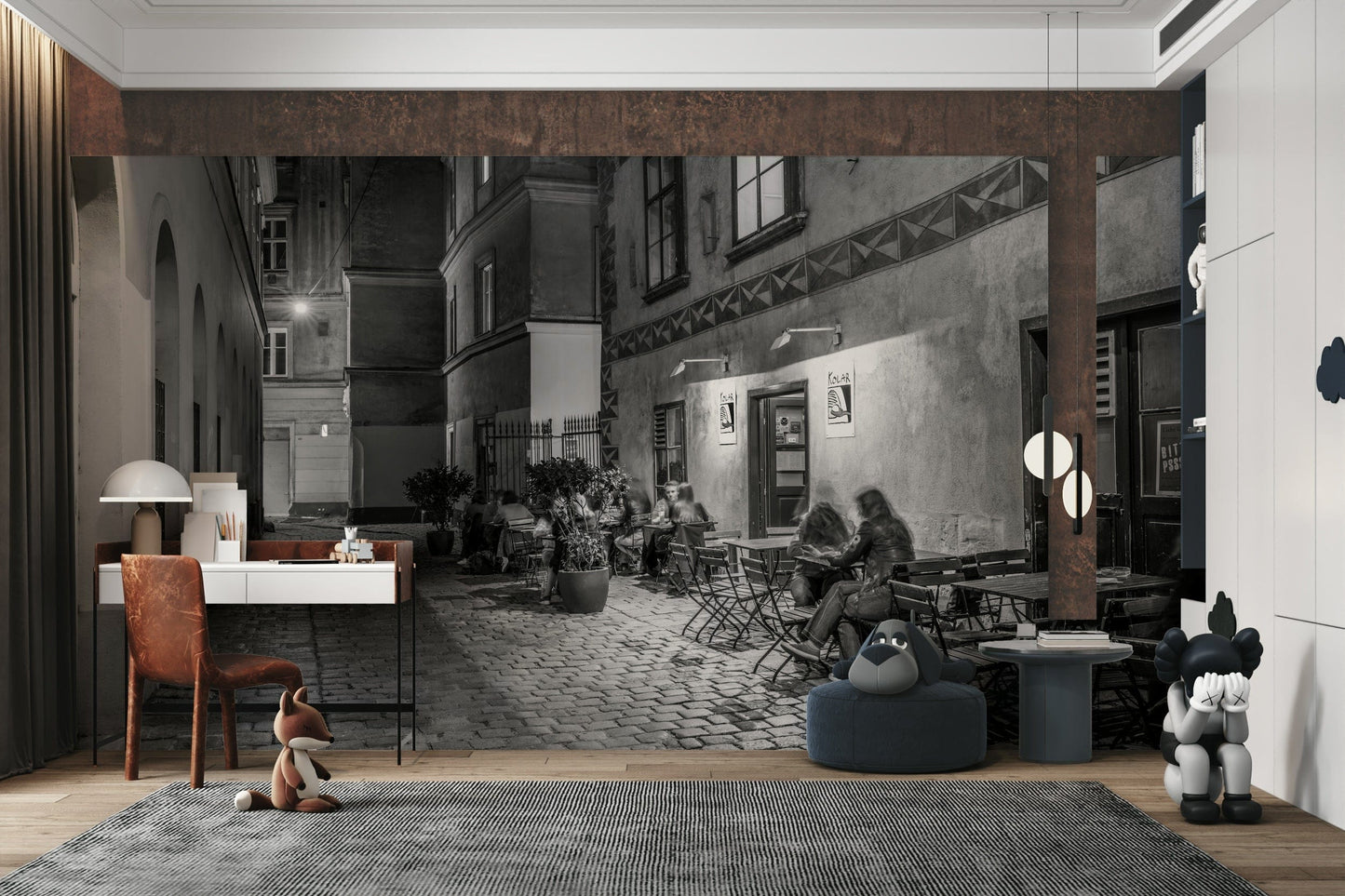 Street cafe in Vienna wallpaper mural of a black and white street cafe behind a red desk and toys in a child's room