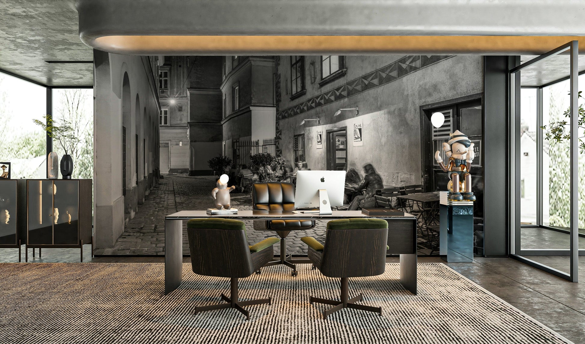 Street cafe in Vienna wallpaper mural of a monochrome street cafe behind a desk with an iMac in a home office