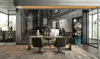 Street cafe in Vienna wallpaper mural of a monochrome street cafe behind a desk with an iMac in a home office
