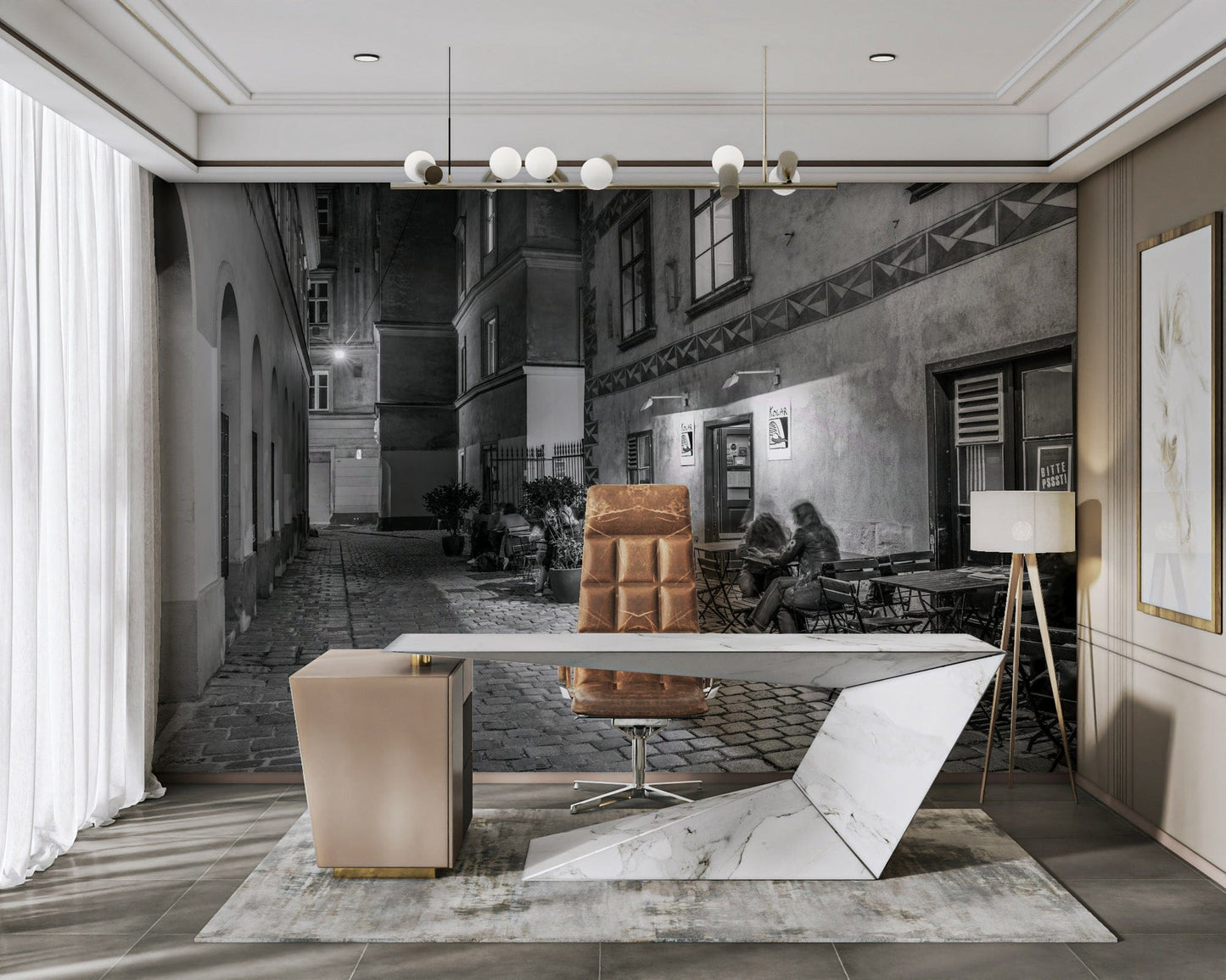 Street cafe in Vienna wallpaper mural of a monochrome evening cafe behind a marble desk and tan chair in an office