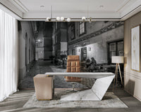 Street cafe in Vienna wallpaper mural of a monochrome evening cafe behind a marble desk and tan chair in an office
