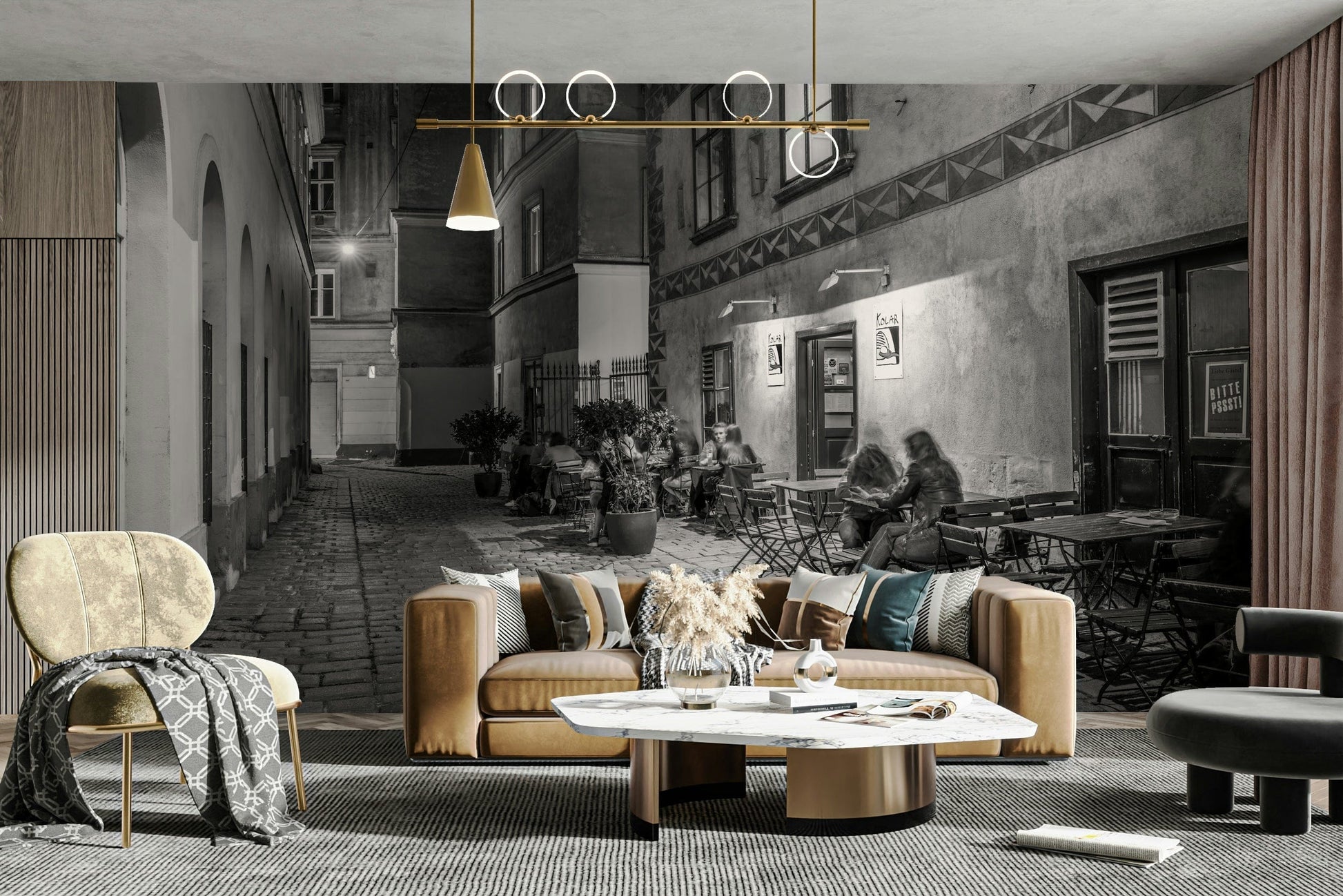 Street cafe in Vienna wallpaper mural of a monochrome cobbled cafe scene behind a tan sofa and marble table in a lounge
