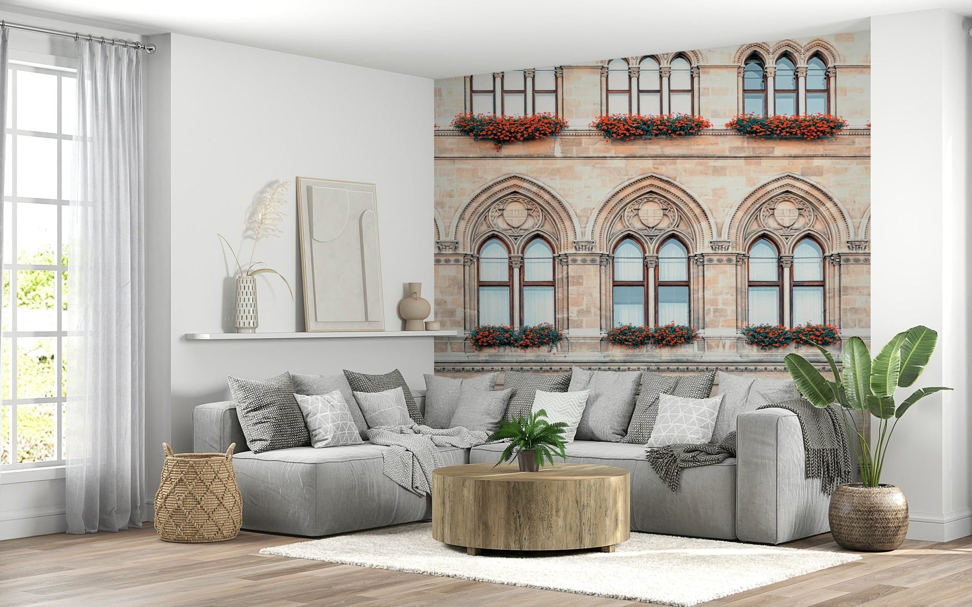 Symmetrical building frontage shown in Vienna facade wall mural