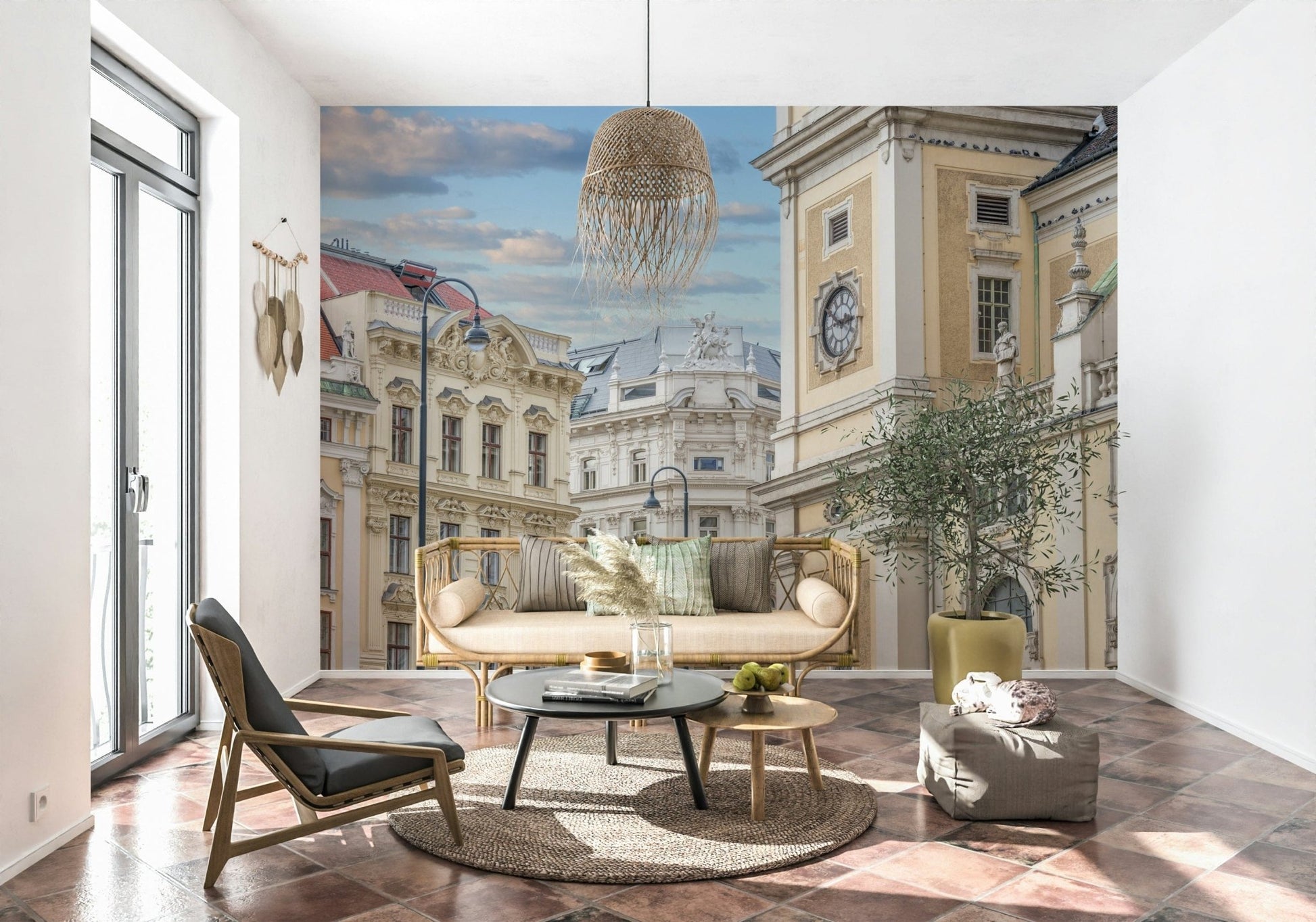 Vienna street architecture wallpaper mural in reading corner, warm lights, modern chair