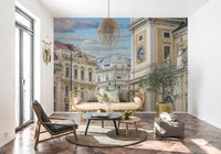 Vienna street architecture wallpaper mural in reading corner, warm lights, modern chair