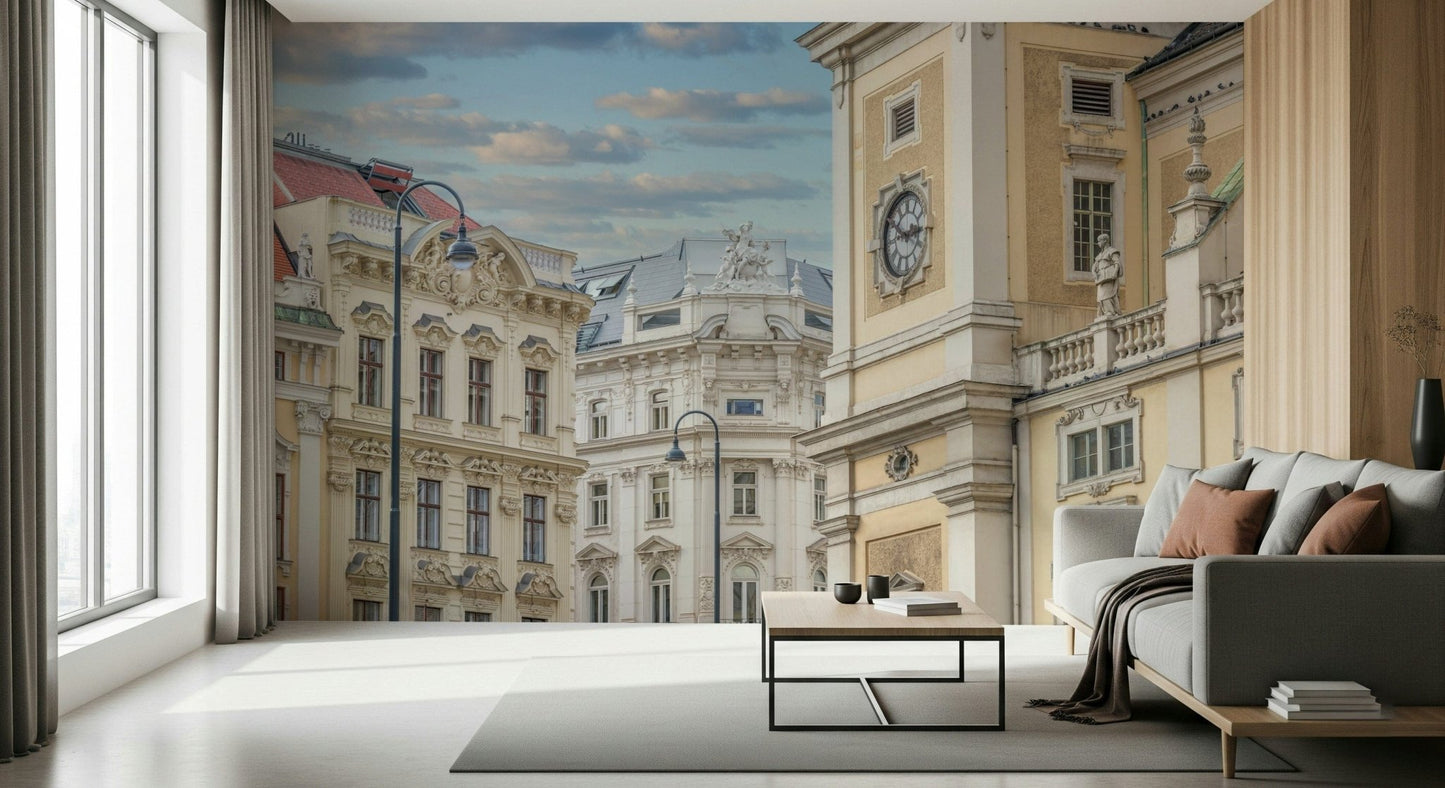 Sepia Vienna architecture mural for study nook, vintage look, clean modern furniture