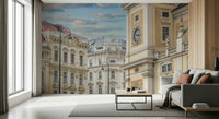 Sepia Vienna architecture mural for study nook, vintage look, clean modern furniture