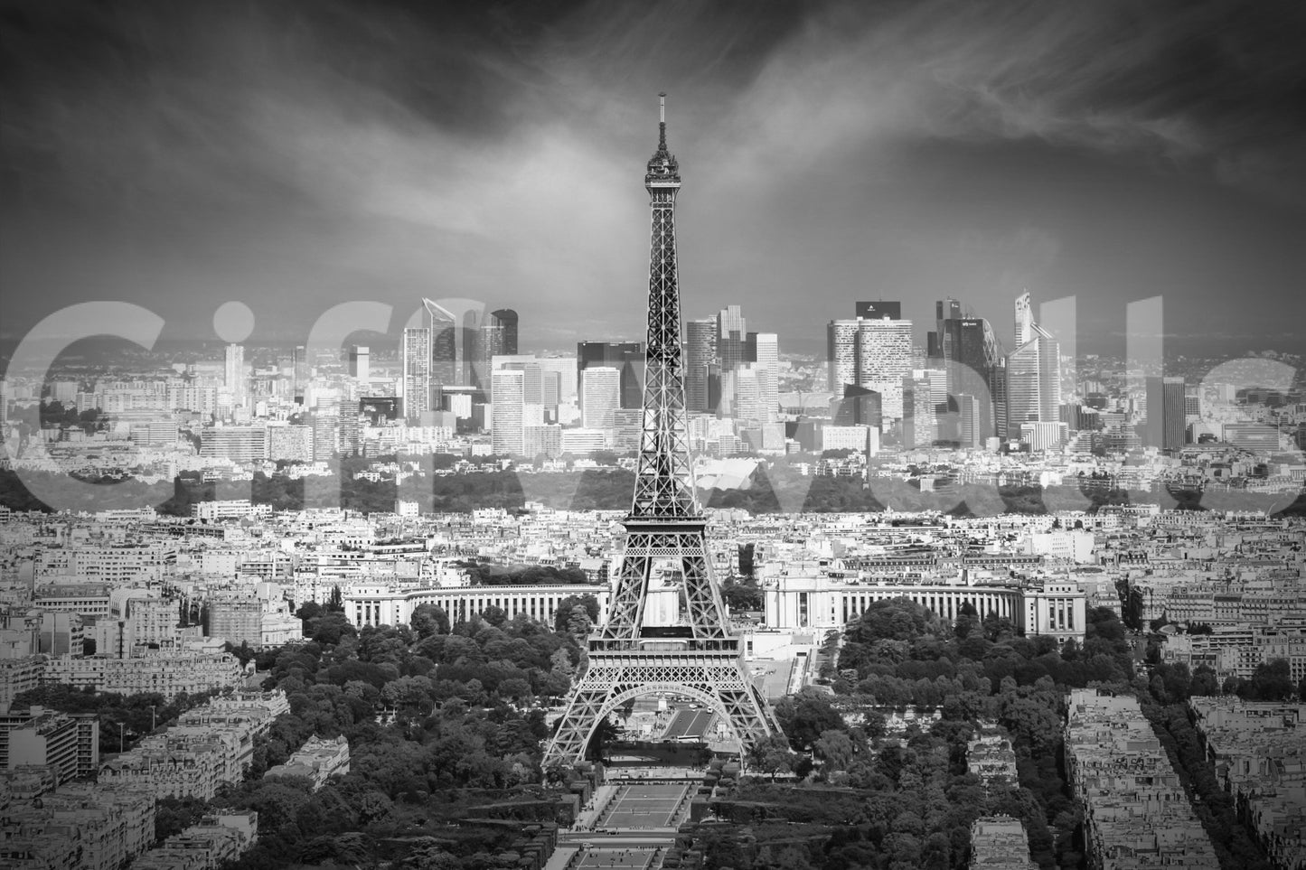 Urban nightscape curves under soft sky in monochrome mural

