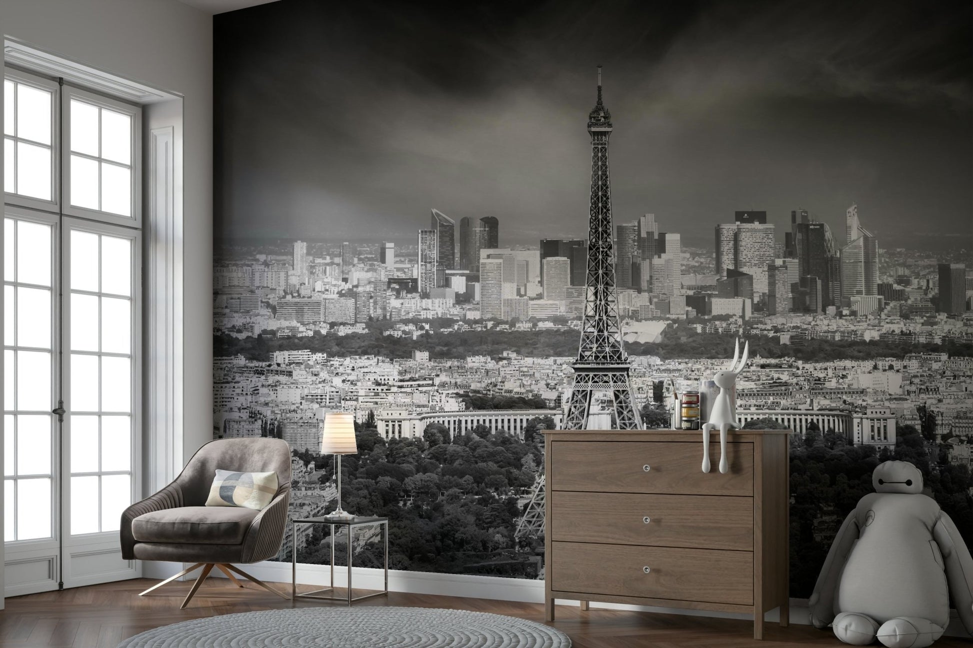 Paris rooftops and boulevards stretch across mural design

