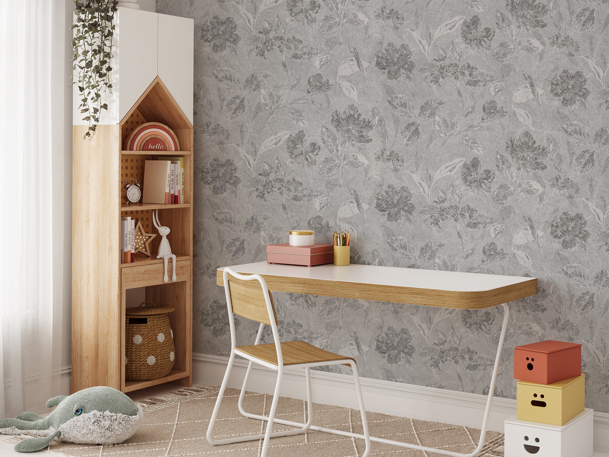 Muted pastel floral study room wall mural with realistic brushstroke and grit textures.